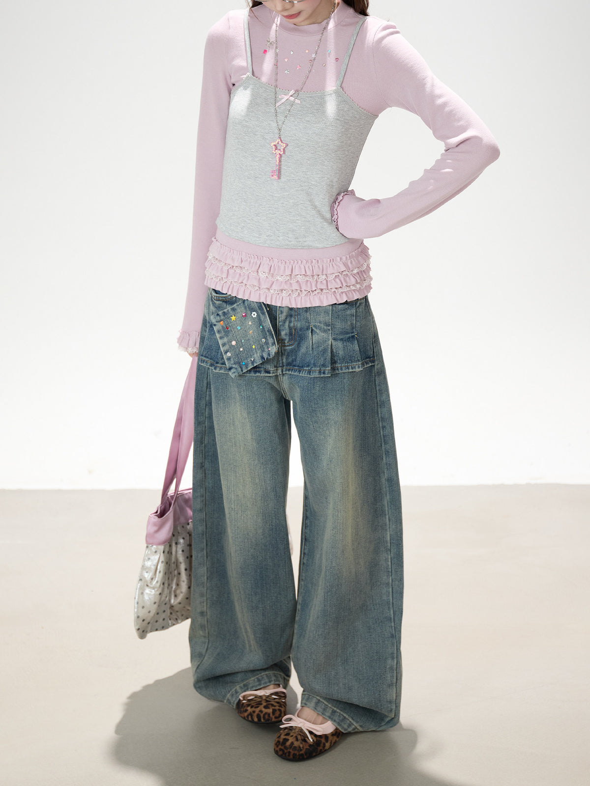 Gray-Pink Faux-Layered Lace Ruffle Long Sleeve Top