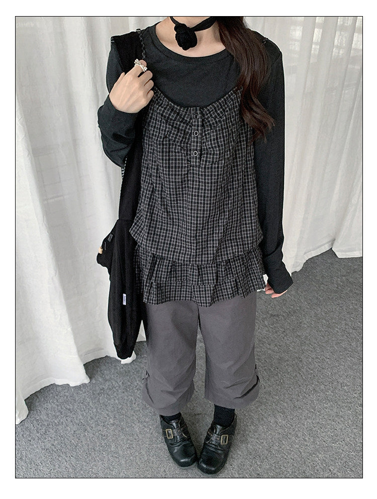 Plaid Cami & Long Sleeve Layered Two-Piece Top Set