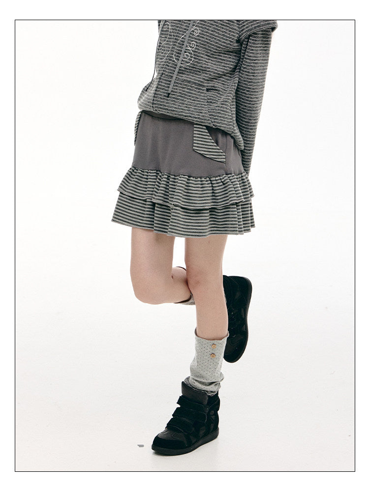 Charcoal Stripe Double-Ruffle A-Line Mini Skirt