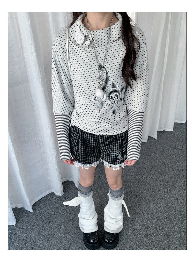 Polka Dot Collar Striped Layered Long Sleeve Top