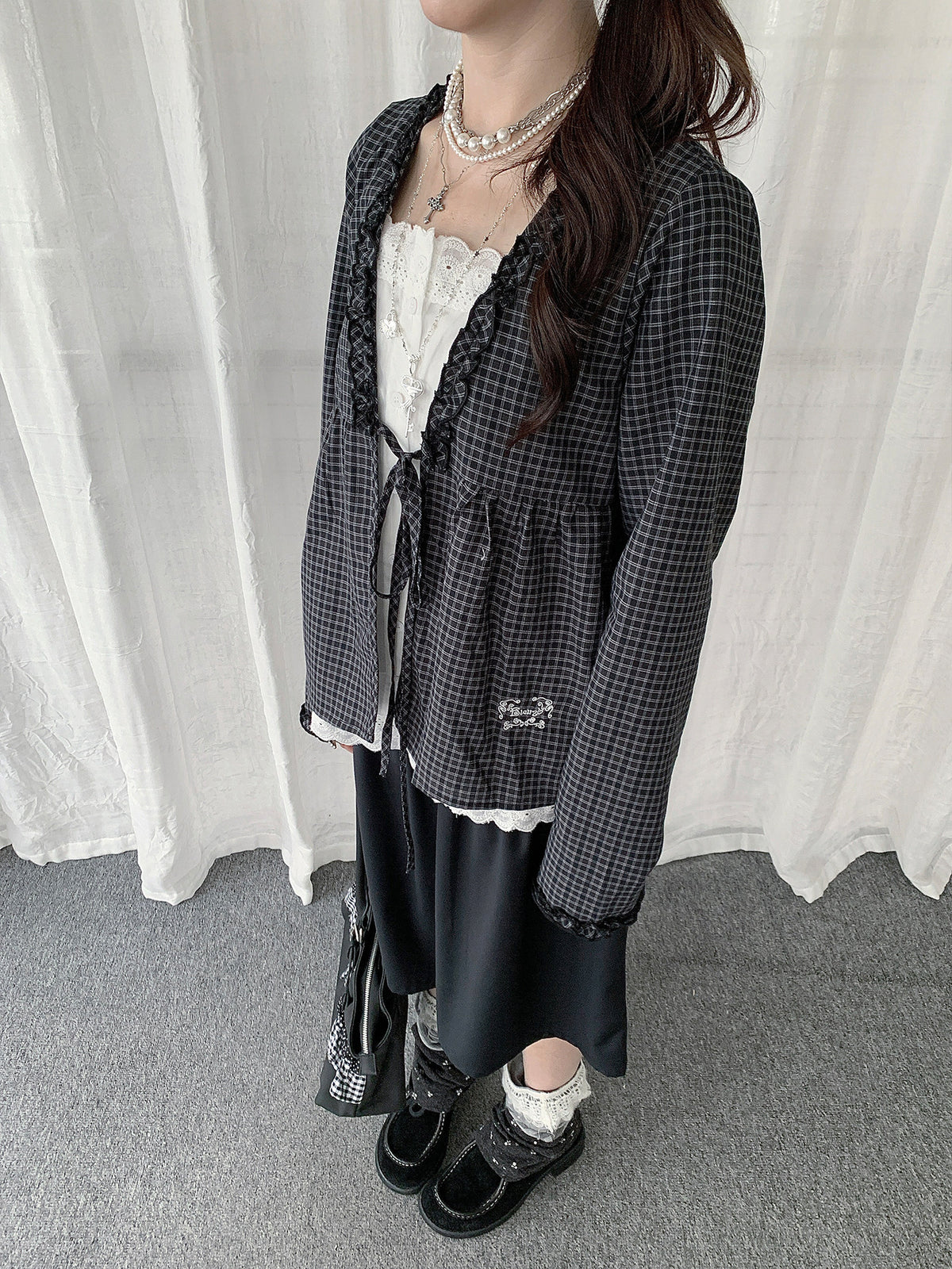 Ruffle-Trim Check Layered Tie-Front Top