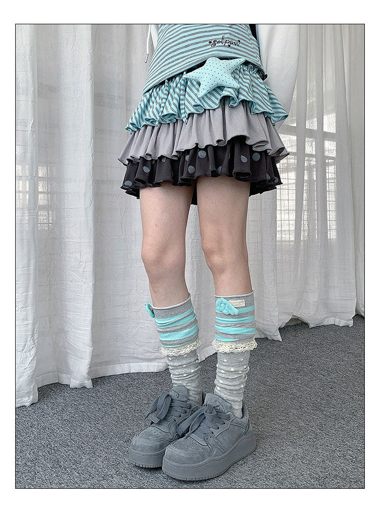 Polka Dot Stripe Tiered Ruffle Mini Skirt