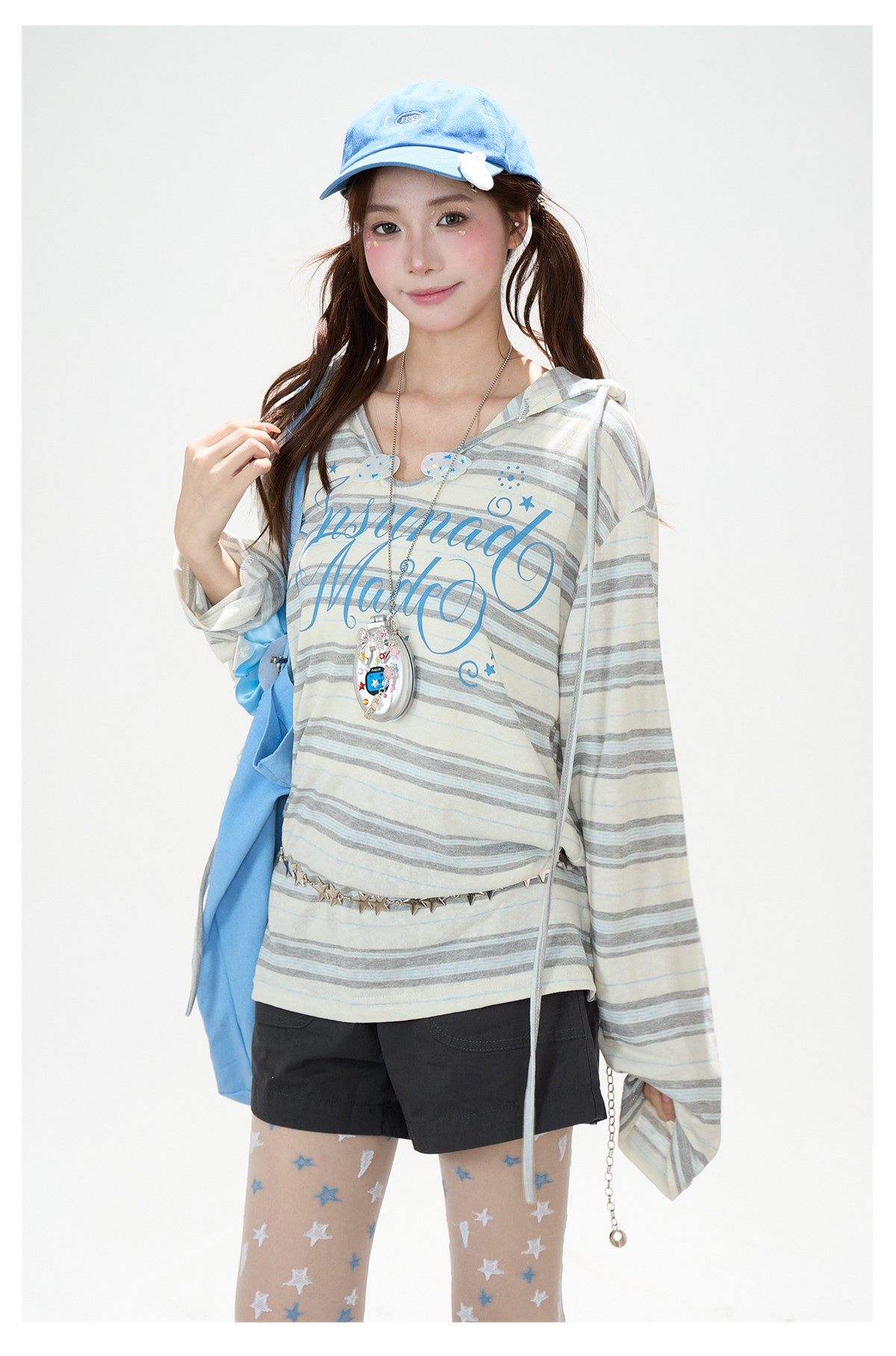 Blue Striped Hooded Long Sleeve Top & Dark Gray Drawstring Shorts