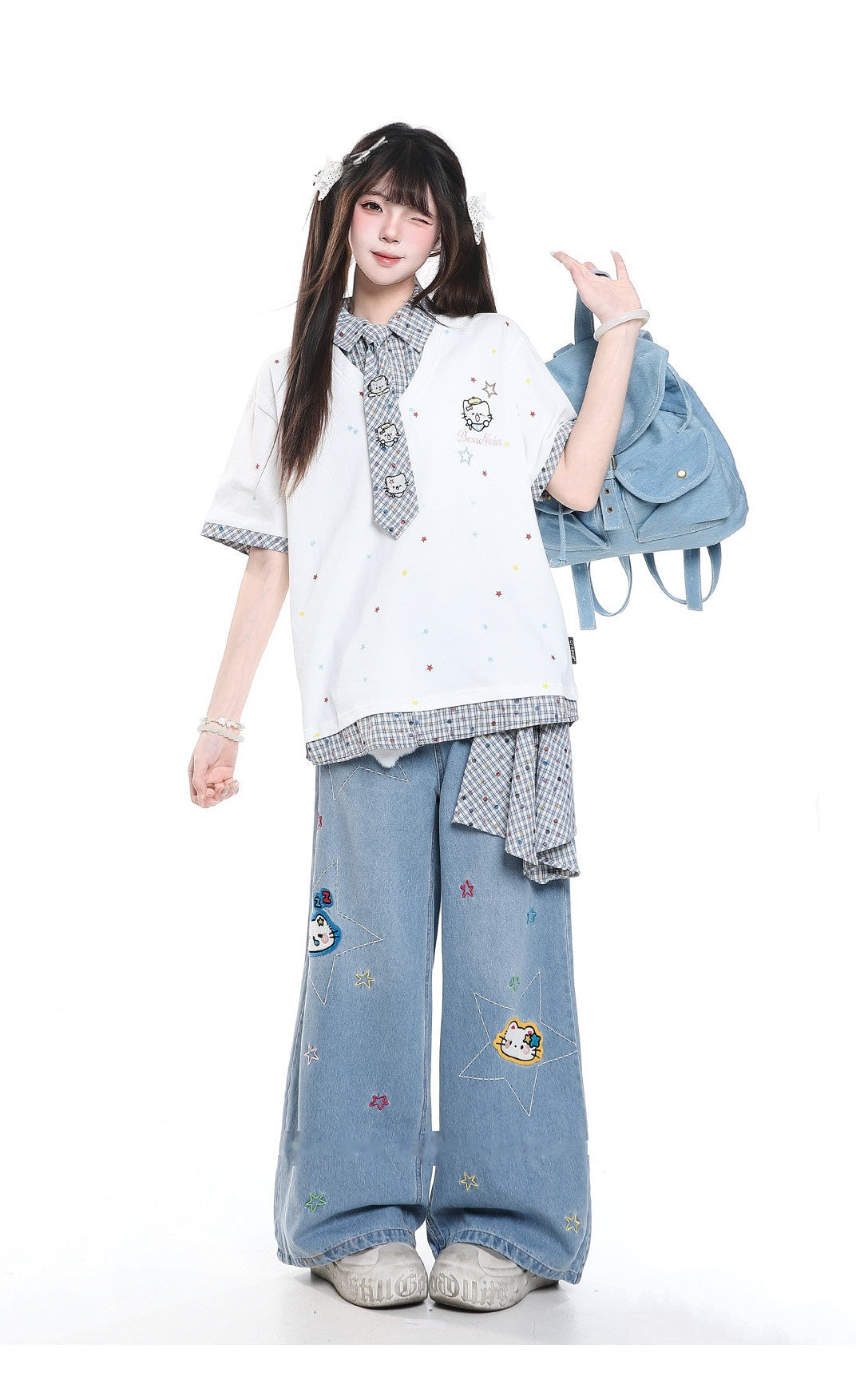 Star Kitty Embroidered Wide-Leg Jeans with Plush Charm