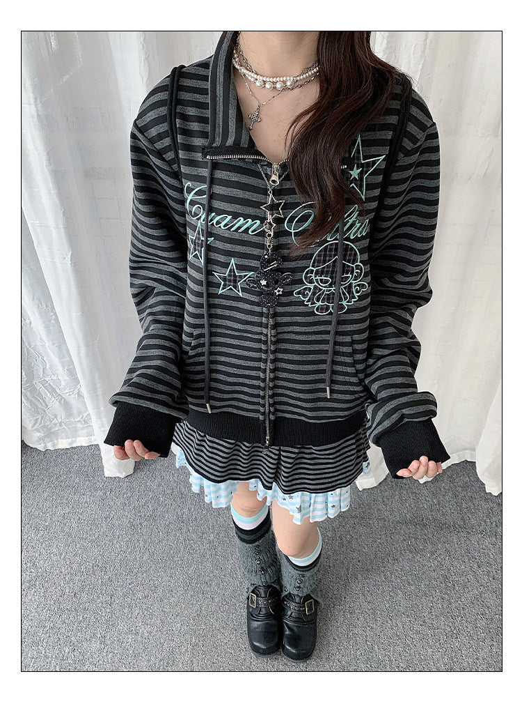 Star Charm Striped Embroidered Zip-Up Jacket