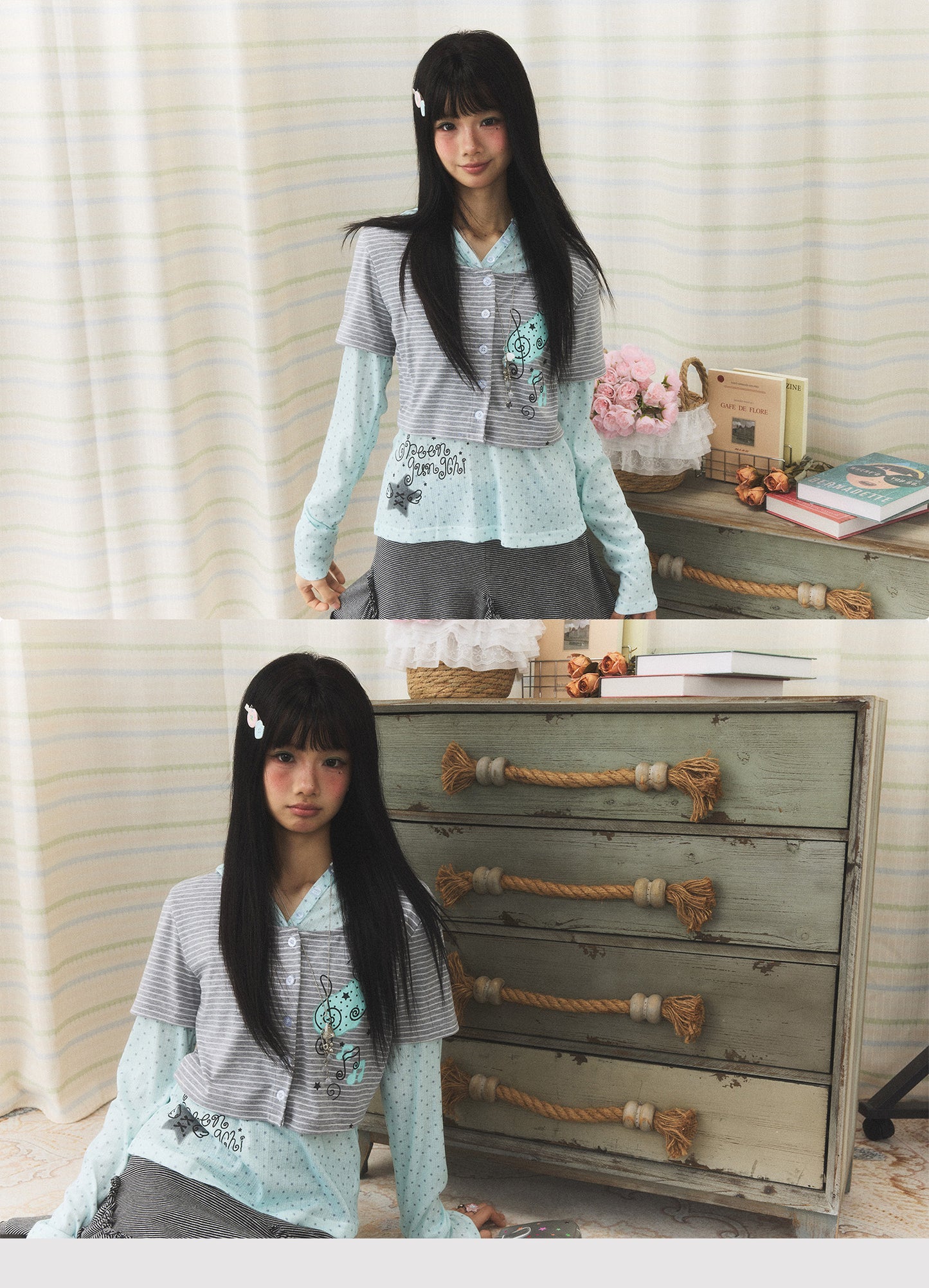 Mint Melody Faux-Layer Hooded Long-Sleeve Top