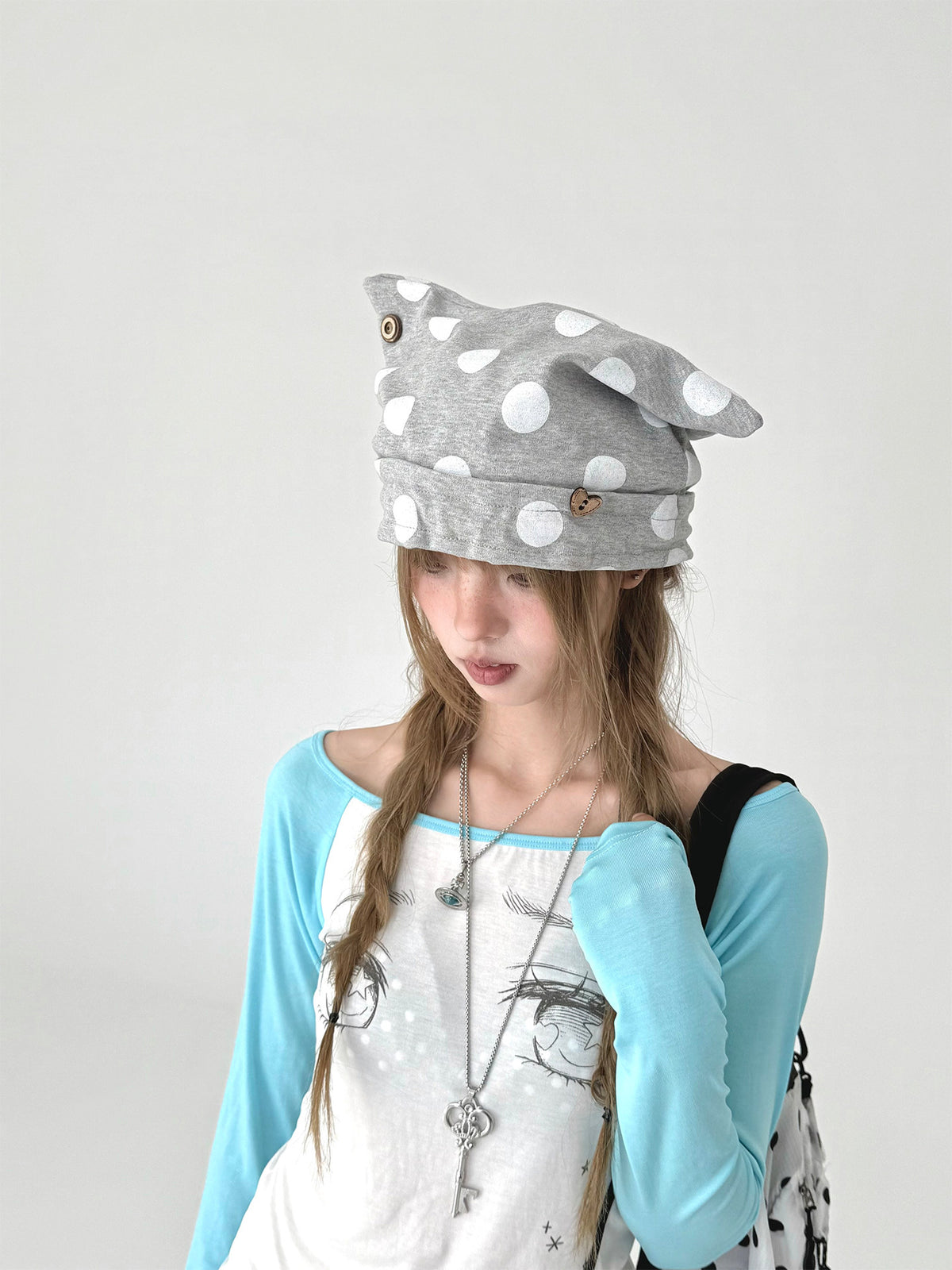 Gray Polka Dot Cat Ear Adjustable Hat (Preorder)