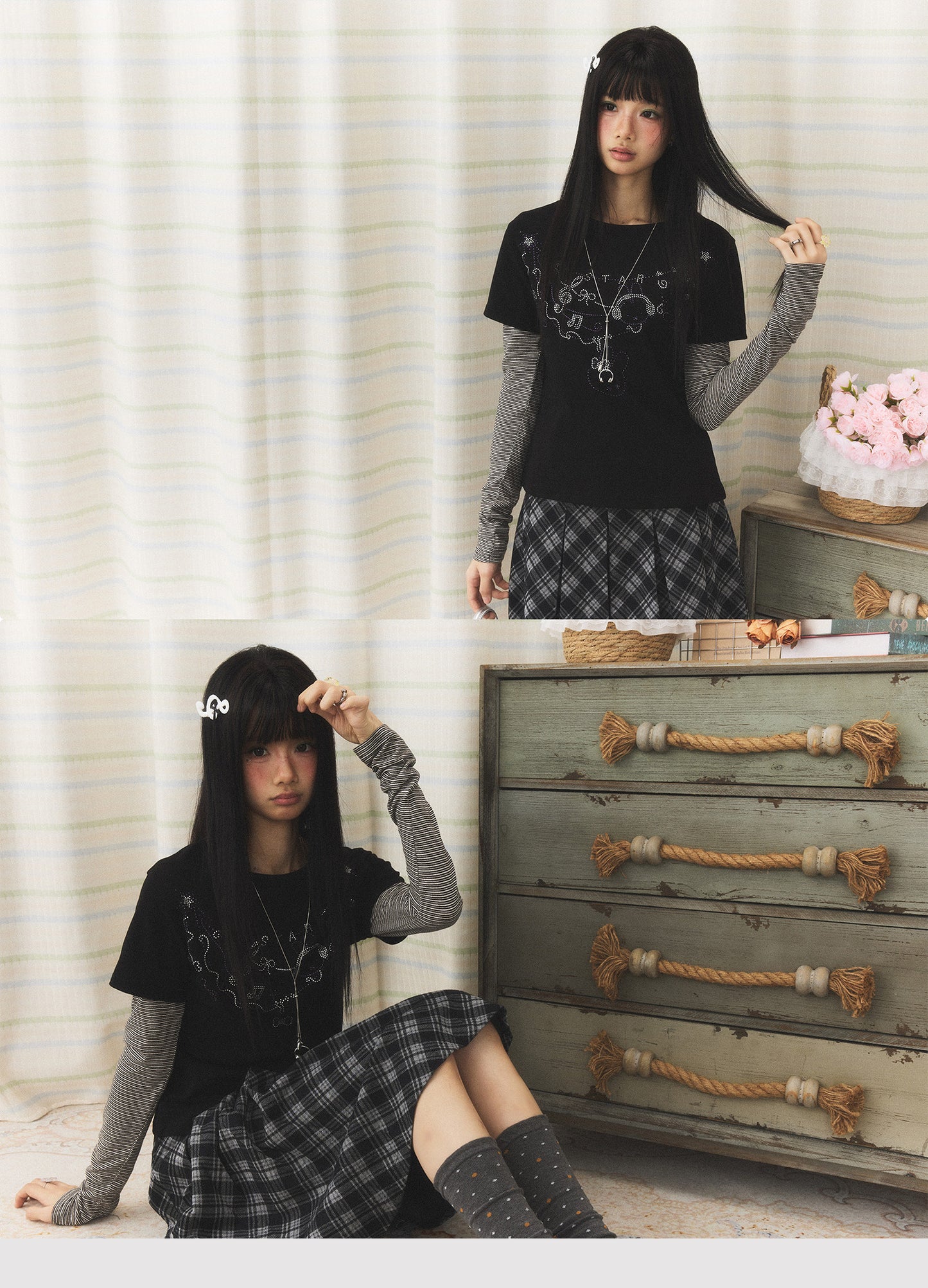 Rhinestone Melody Faux-Layer Stripe Long-Sleeve Tee