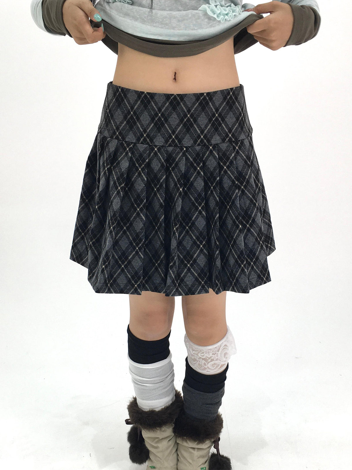 Charcoal Plaid Pleated A-Line Mini Skirt