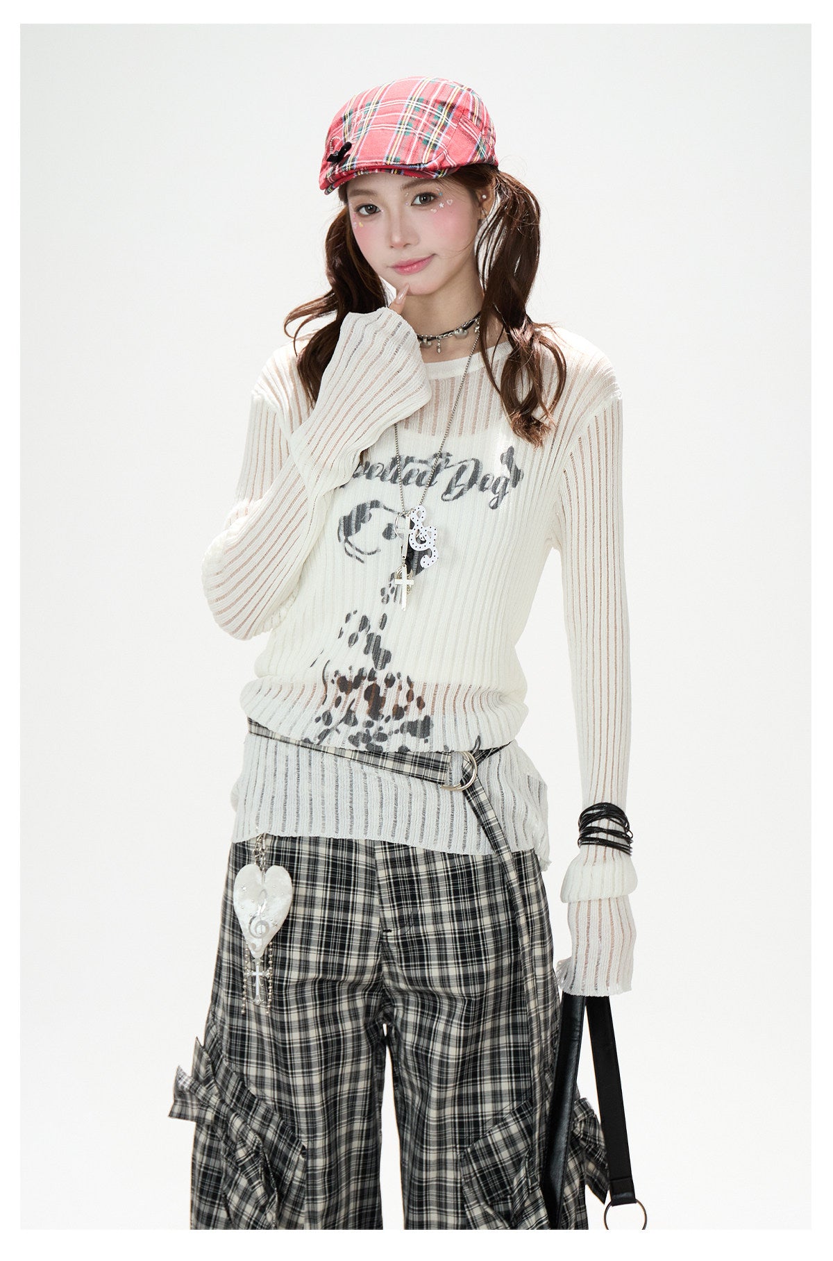 Dalmatian Sheer Knit Top & Black Plaid Ruffle Pants