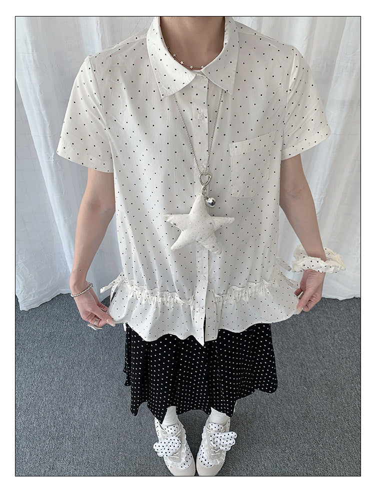 Polka Dot Ruffle-Hem Short Sleeve Shirt