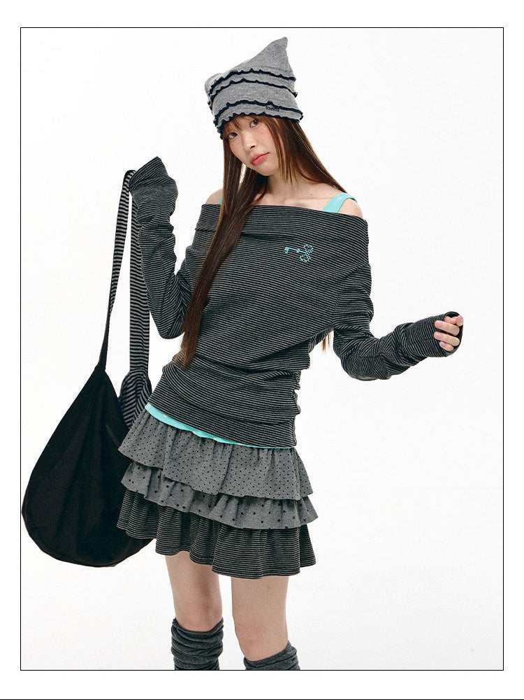 Charcoal Stripe Off-Shoulder Faux-Layer Long Sleeve Top
