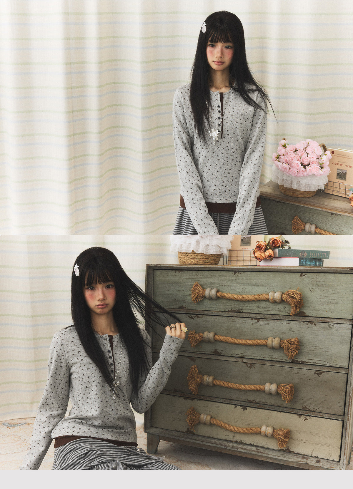 Floral Henley Faux-Layer Long Sleeve Top