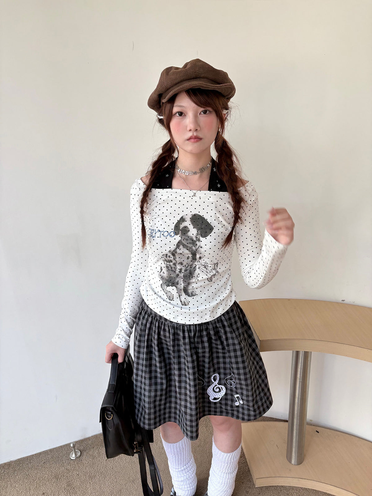 White Polka Dot Puppy Off-Shoulder Long Sleeve Top