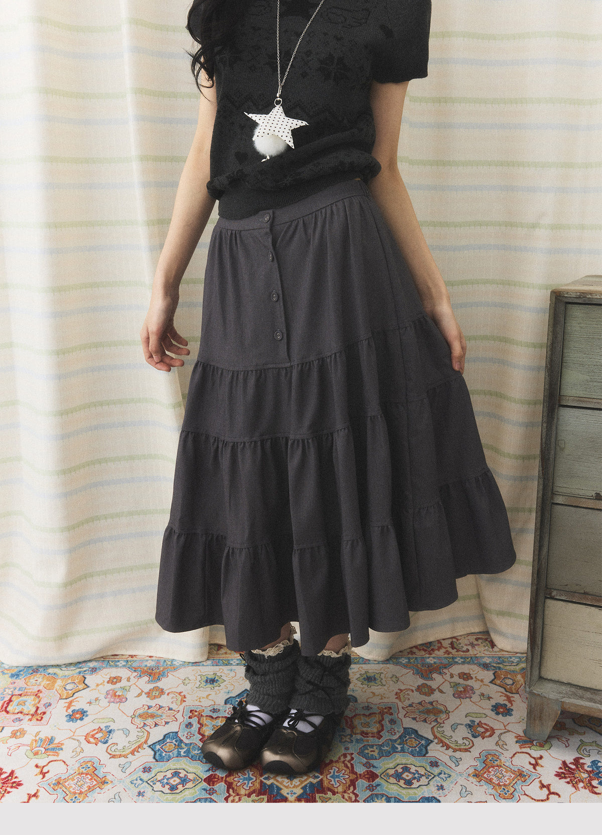 Charcoal Tiered Button Midi Skirt