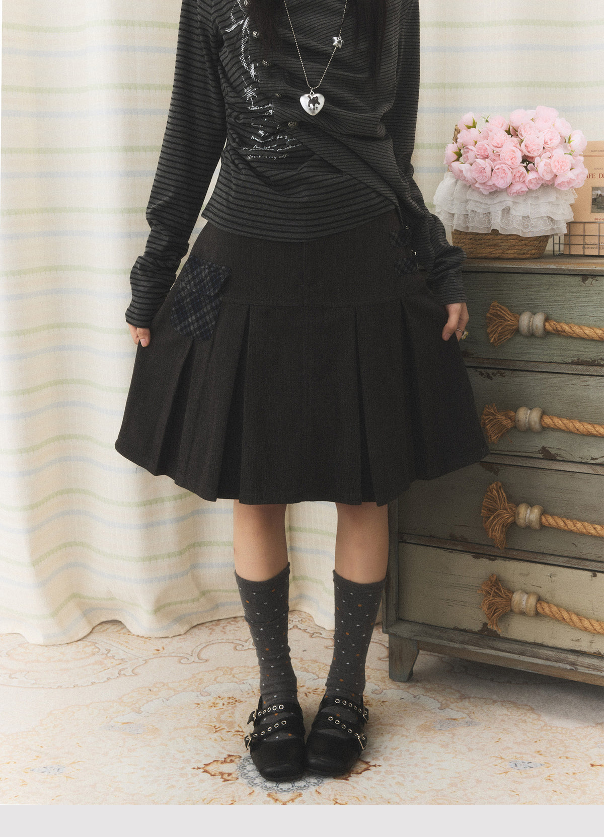 Charcoal Pleated A-Line Skirt