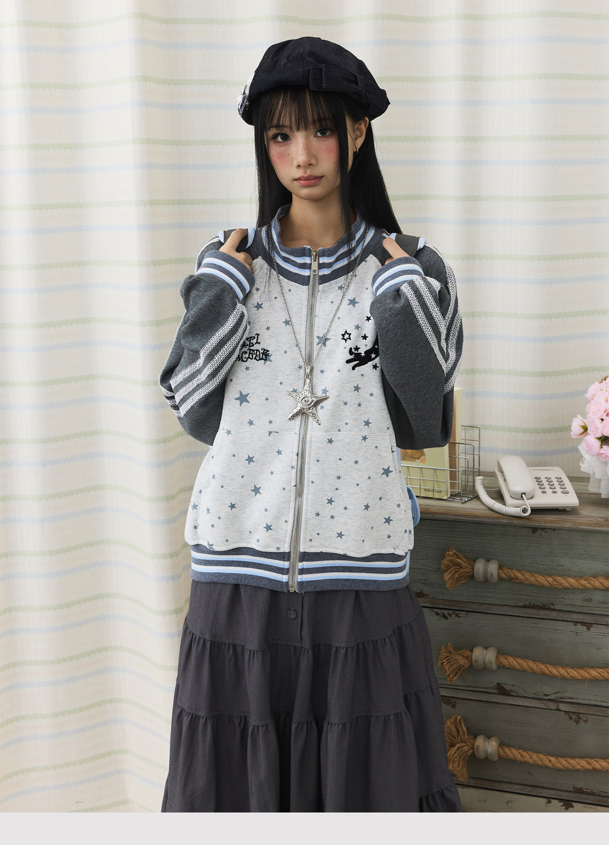Star Contrast Zip-Up Hoodie