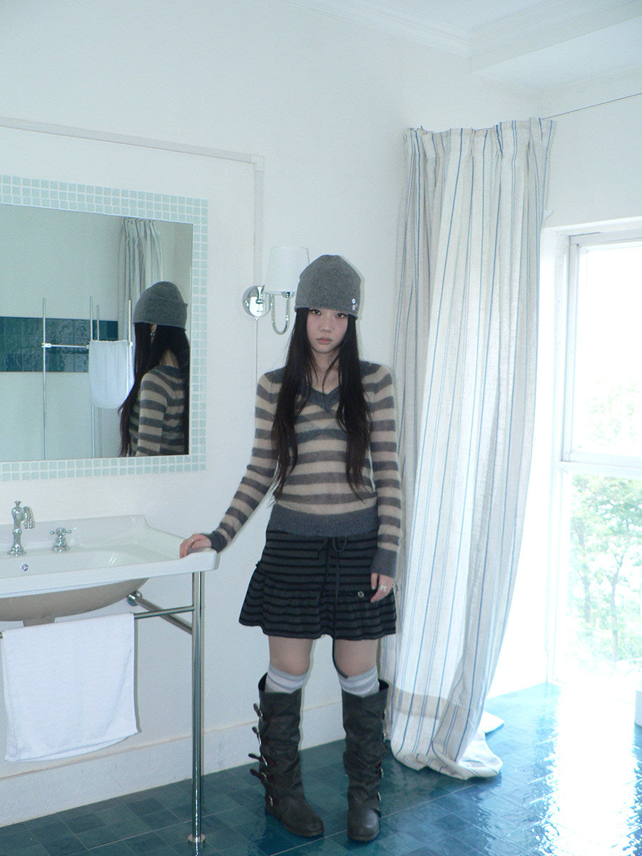 Striped Pleated Tie-Waist Mini Skirt