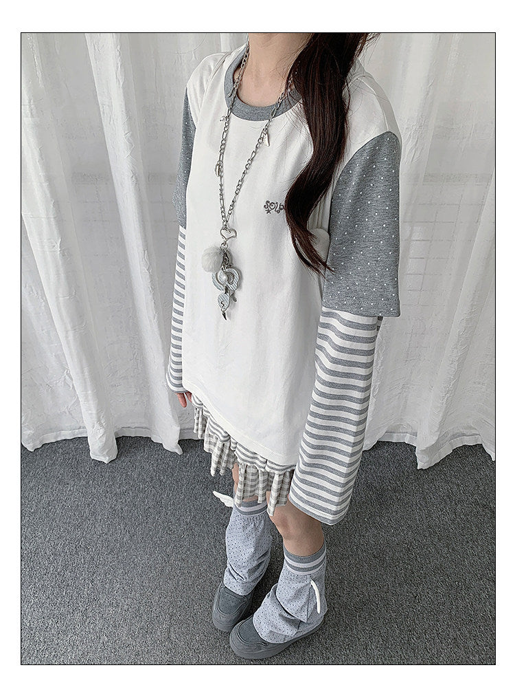 Ivory Polka Dot Stripe Faux-Layer Long Sleeve Top