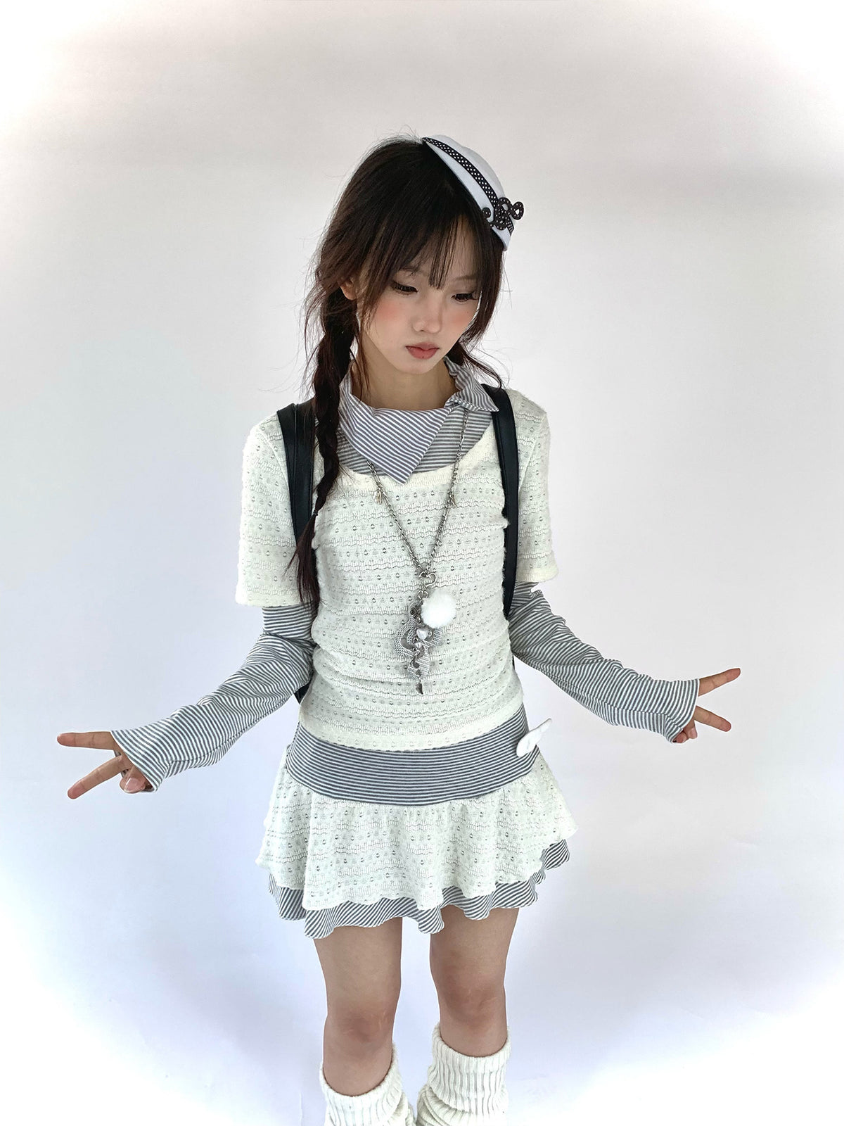 Milk Mist Lace & Stripe Faux-Layer Mini Dress