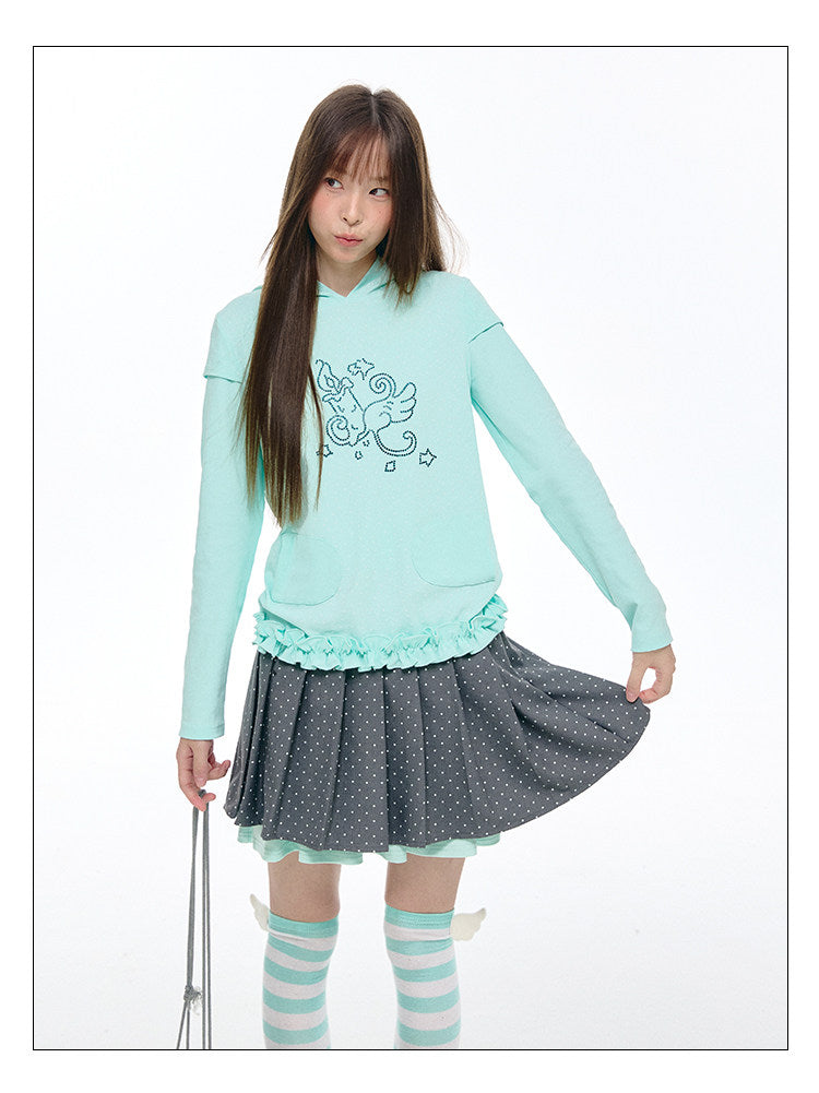 Rhinestone Graphic Faux-Layer Ruffle-Hem Hoodie