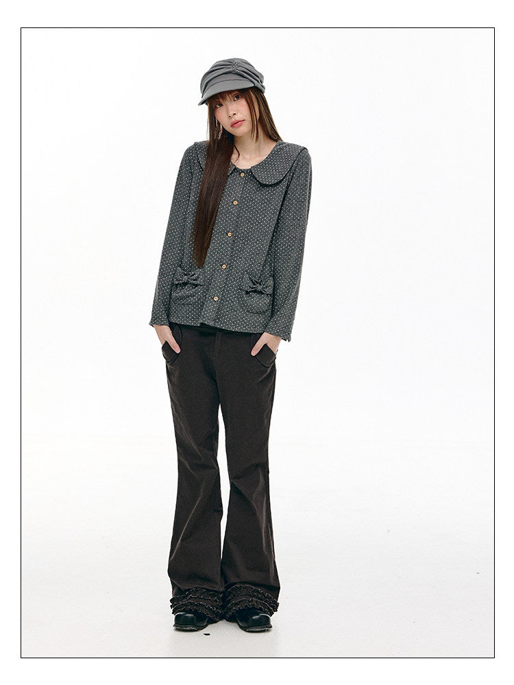 Charcoal Polka Dot Peter Pan Collar Button Shirt