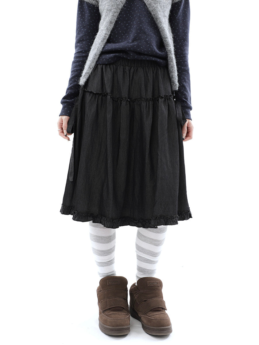 Washed Black Ruffle-Tiered Denim Midi Skirt