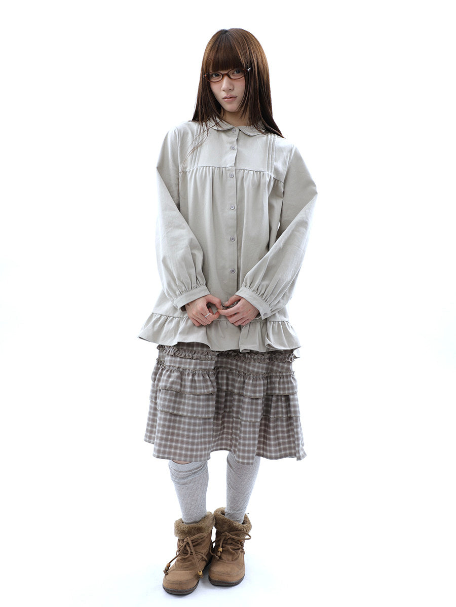 Pleated Ruffle Hem Button-Up Long Sleeve Blouse