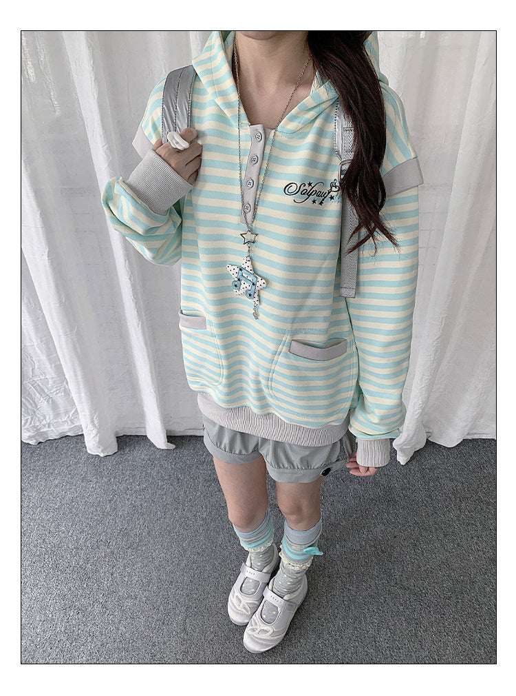 Striped Half-Placket Hooded Pullover