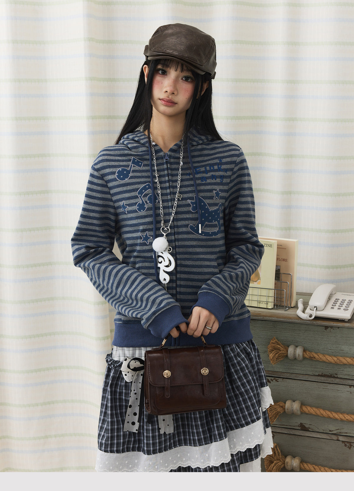 Striped Rocking Horse Embroidered Zip-Up Hoodie