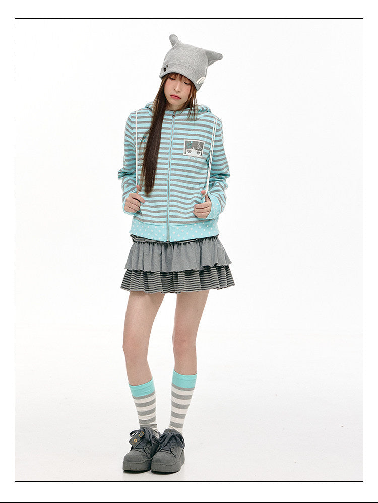 Mint & Gray Stripe Cat-Ear Zip Hoodie
