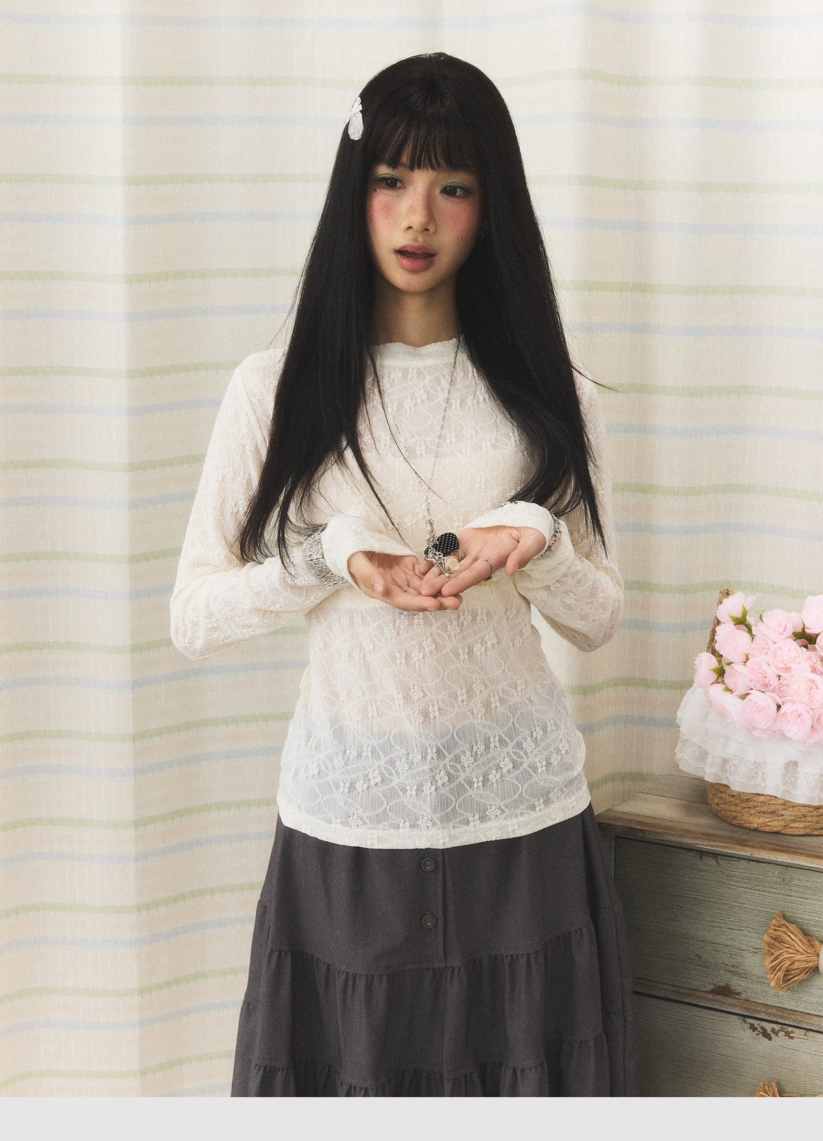 Floral Lace Long Sleeve & Jacquard Knit Short Sleeve Top