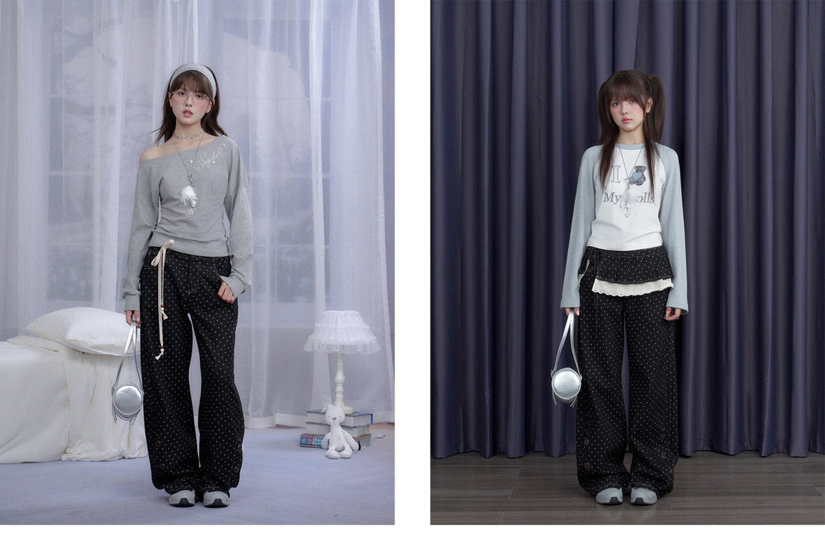 Polka Dot Wide-Leg Jeans & Detachable Lace Layering Skirt