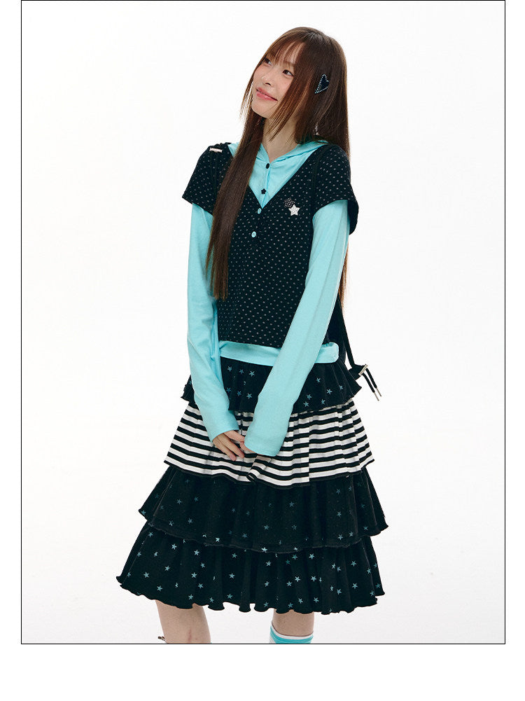 Star Stripe Tiered Ruffle Midi Skirt