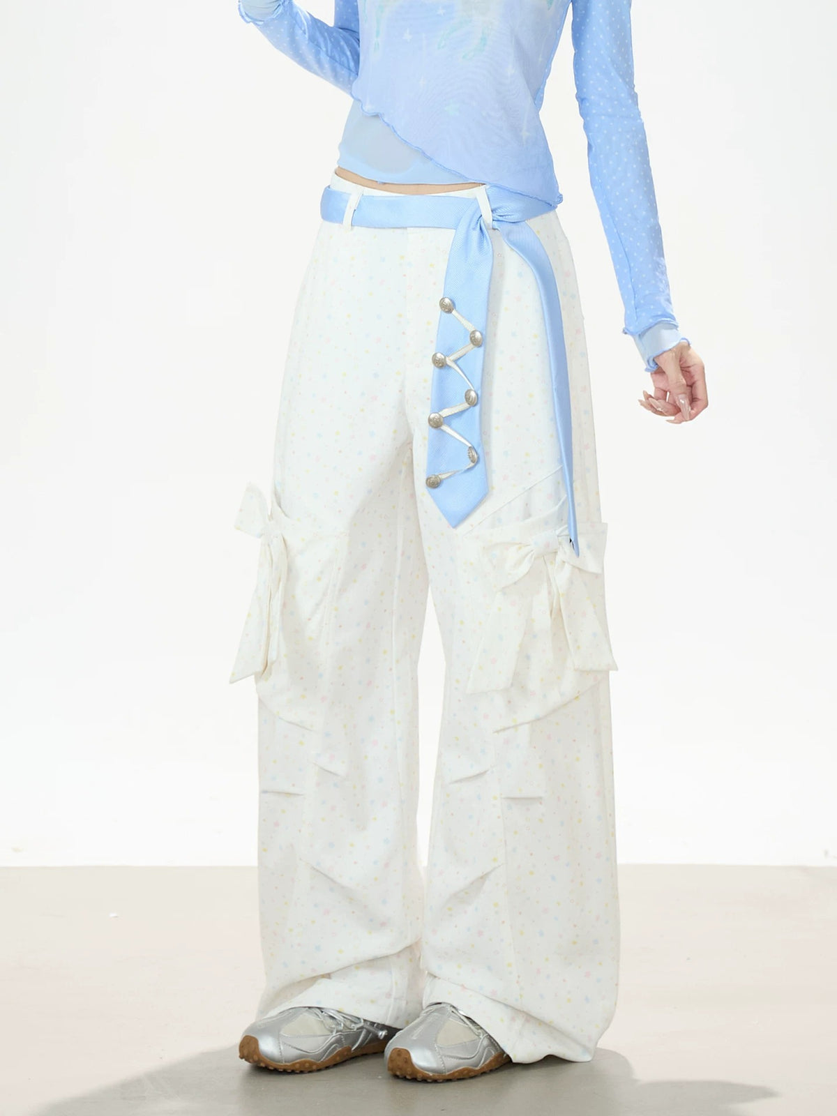 Pastel Star Bow Wide-Leg Cargo Pants