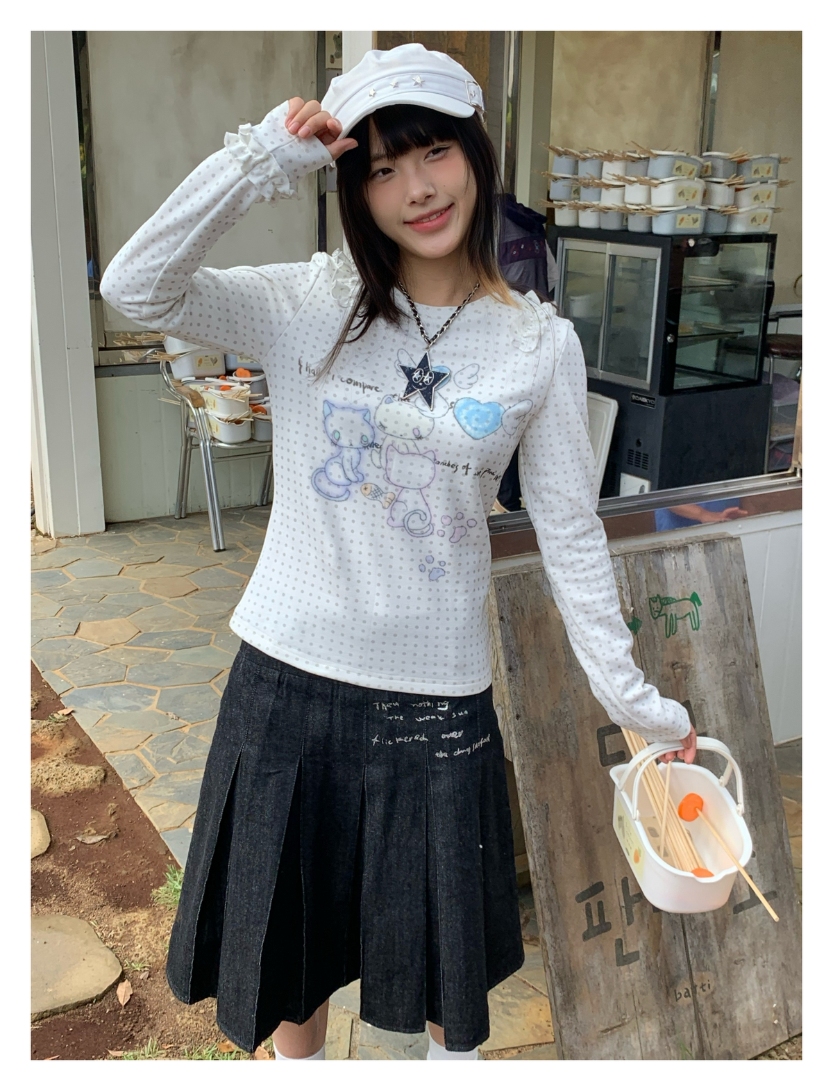 Cat Party Polka Dot Ruffle Long Sleeve Top