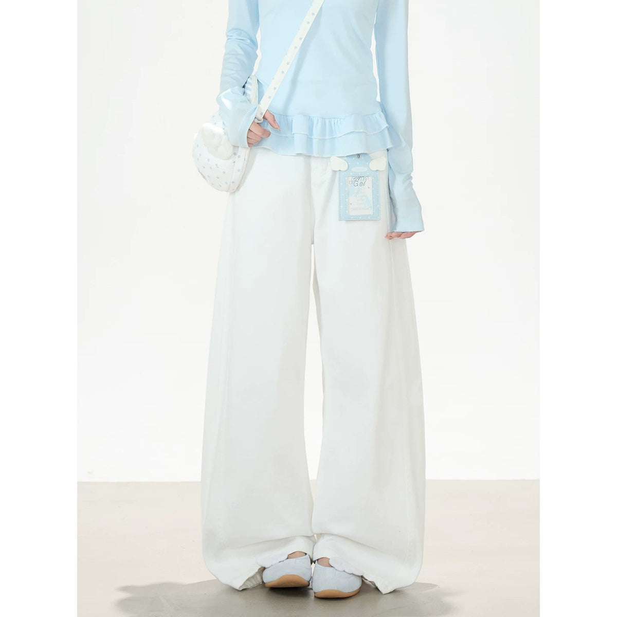 Ruffle Hem Button Long Sleeve Top & White Wide-Leg Pants