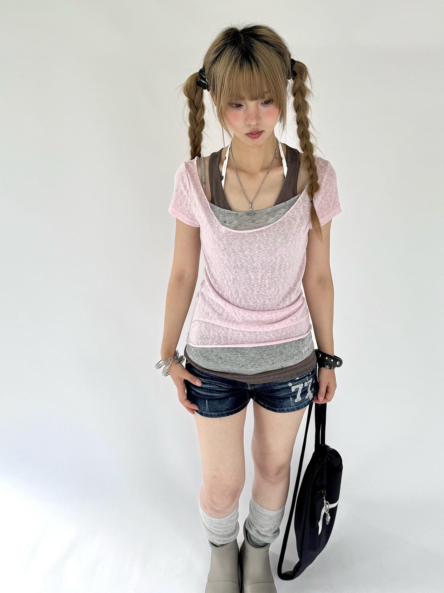 Pink Gray Triple-Layer Fitted Tee