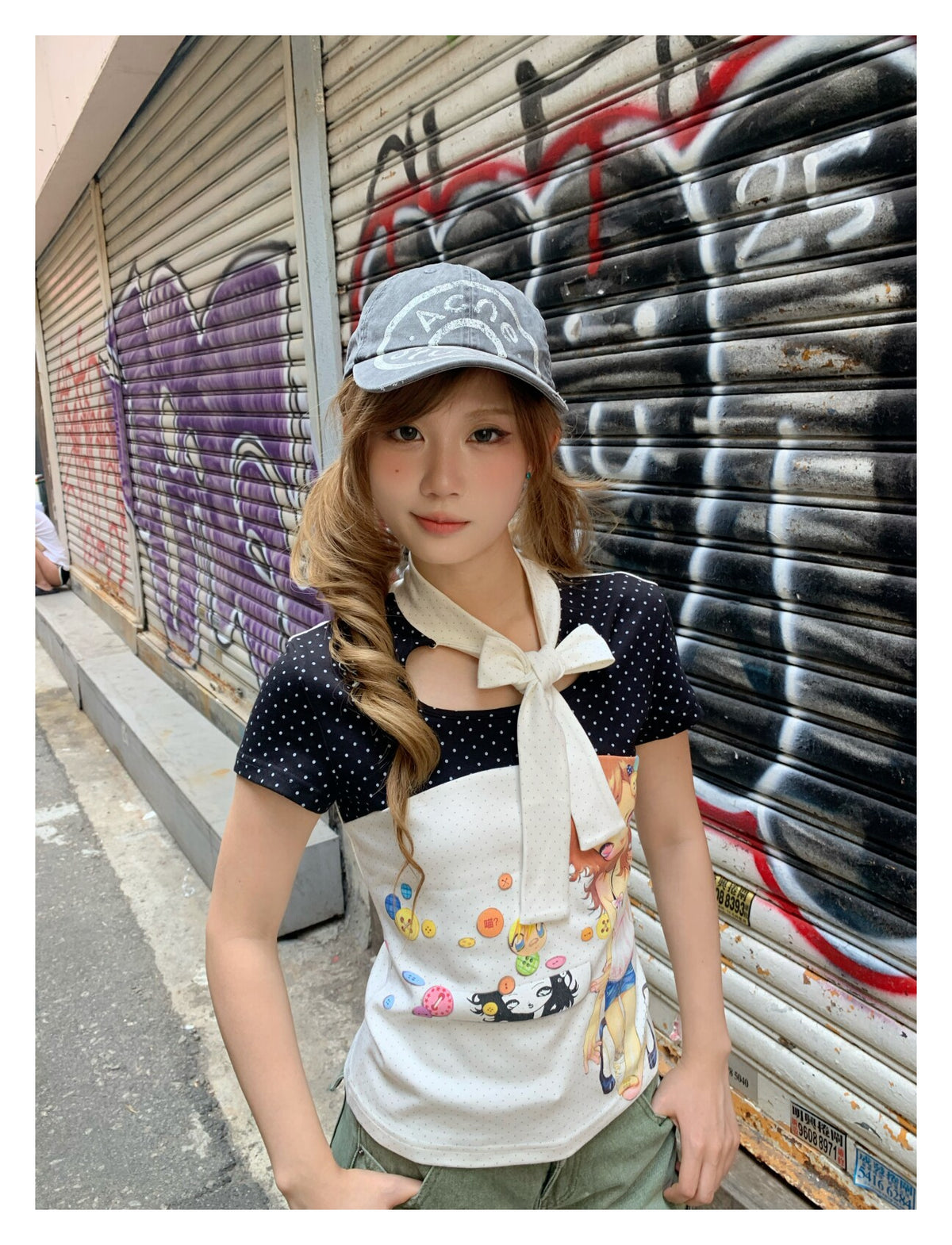Polka Dot Bow-Tie Graphic Fitted Tee