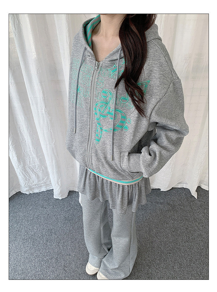 Music Note Embroidered Zip-Up Hoodie