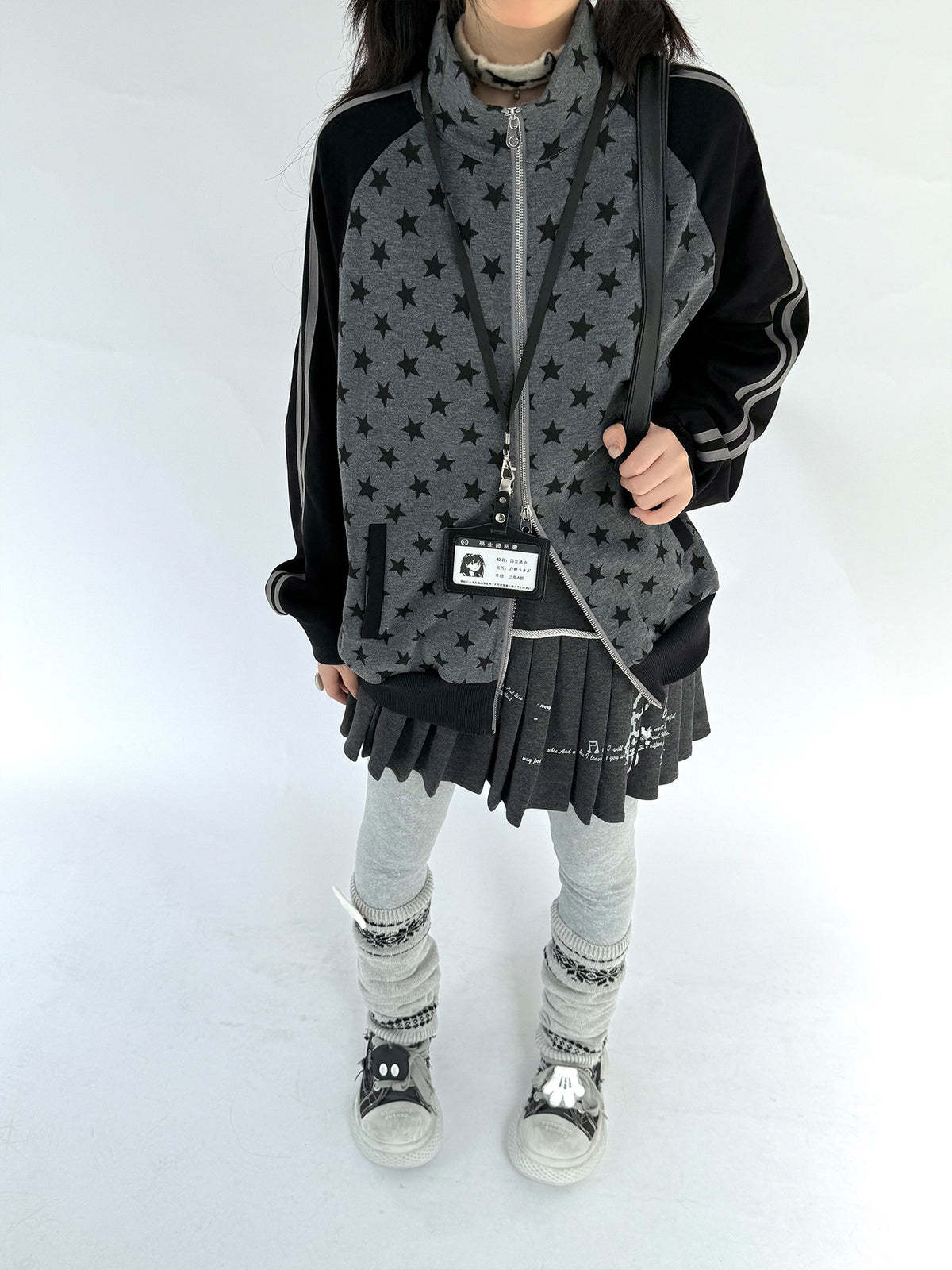 Charcoal Star Double-Zip Mock Neck Jacket