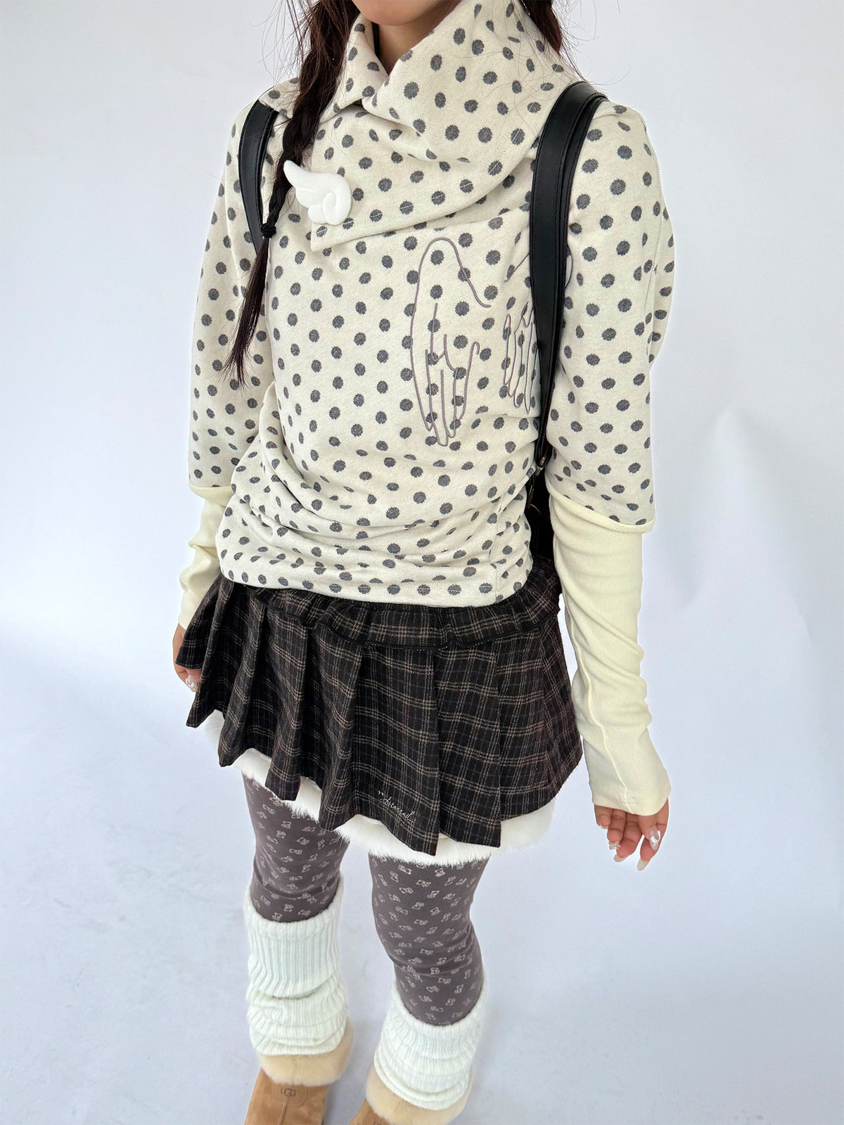 Brown Plaid Fuzzy-Trim Pleated Mini Skirt