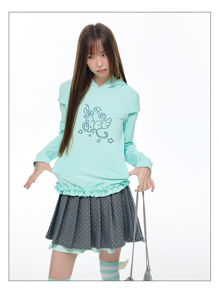 Rhinestone Graphic Faux-Layer Ruffle-Hem Hoodie