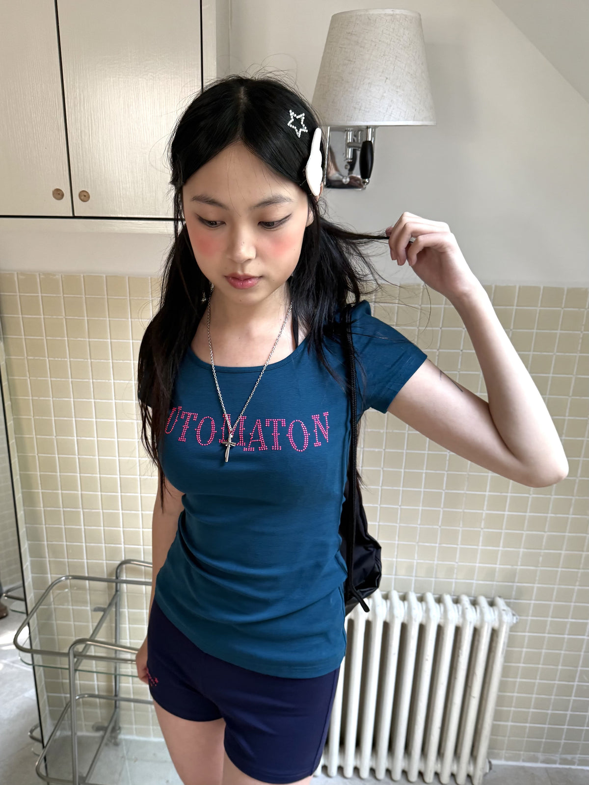 Dark Navy Rhinestone Letter Fitted Baby Tee