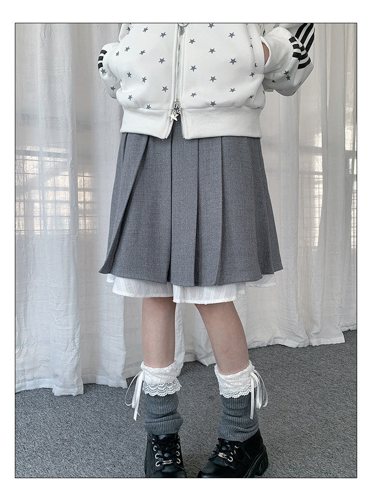 Gray Faux-Layer Pleated Midi Skirt