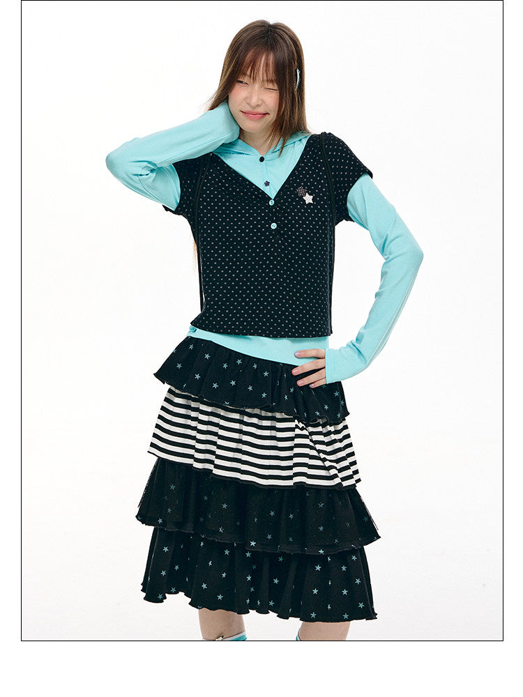 Star Stripe Tiered Ruffle Midi Skirt