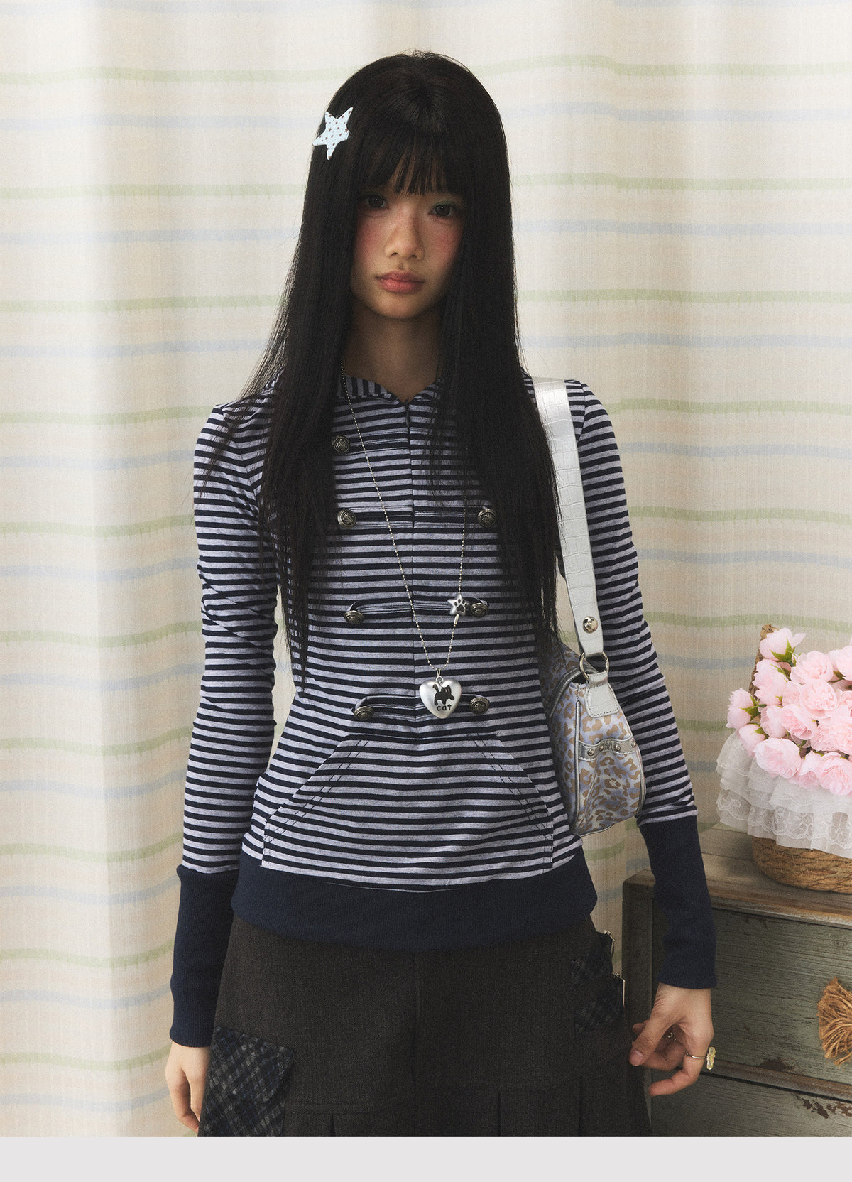 Navy Striped Military Button Hooded Top