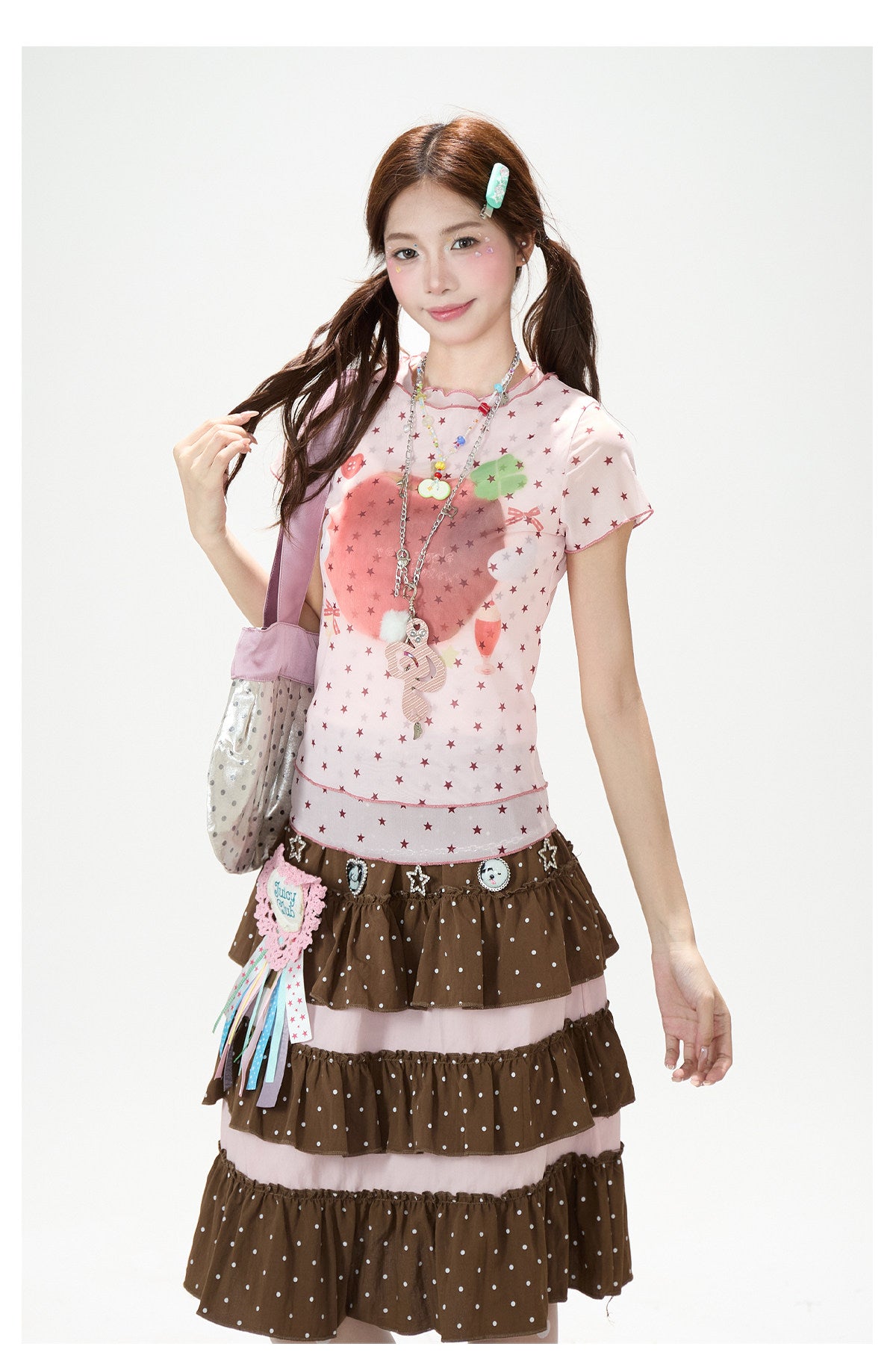Star Mesh Baby Tee & White Wide-Leg Pants