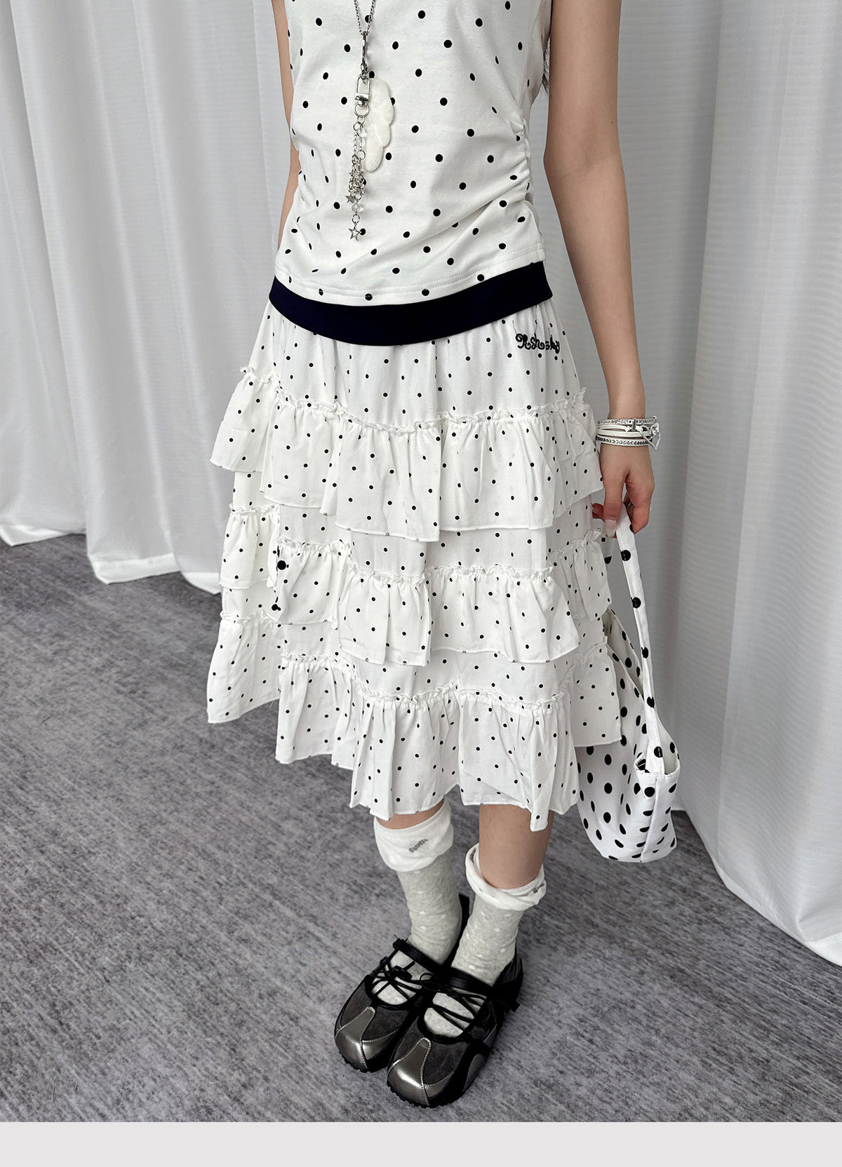 Paw Embroidered Polka Dot Tiered Midi Skirt