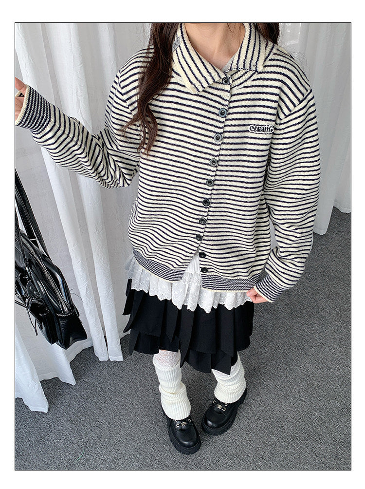 Striped Polo-Collar Knit Cardigan